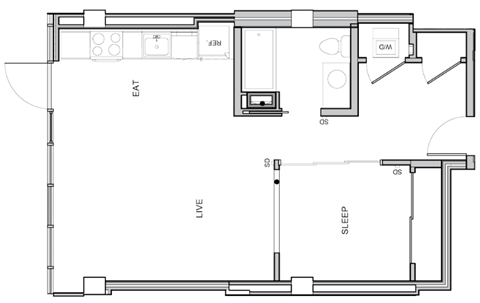 A floor plan of a small apartment with a living room, kitchen, and bedrooms.